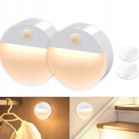   2 ks batériové, bezdrôtové okrúhle LED nástenné svietidlo – s PIR senzorom pohybu, pre nočné osvetlenie