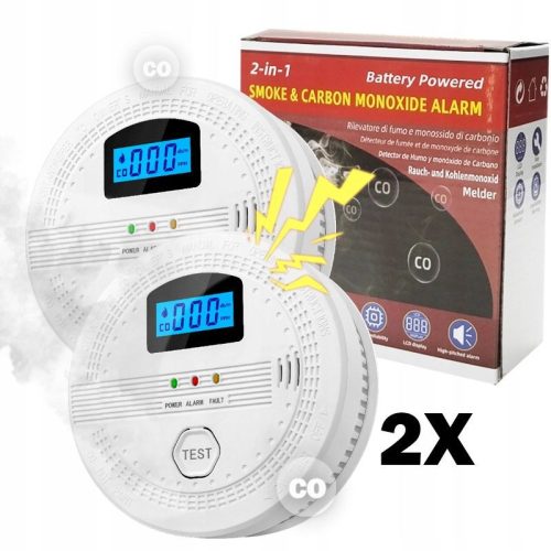 Detektor dymu, detektor oxidu uhoľnatého, detektor s LCD displejom, detektor alarmu - 2 ks