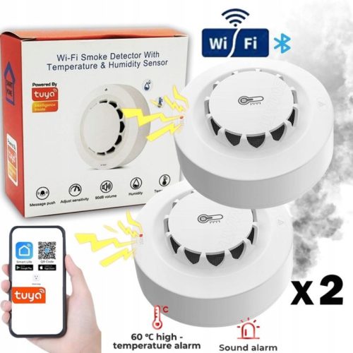 Inteligentný detektor dymu, teplota a vlhkosť - s meračom - TUYA WiFi, 2ks