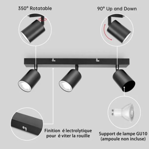 Otočné LED stropné svietidlo Kambo s 3 svetlami – čierne