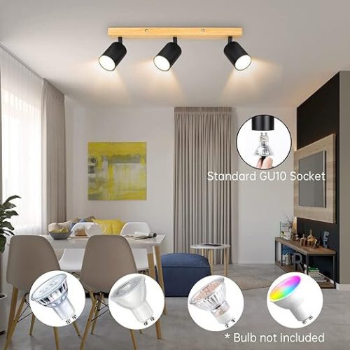 Otočné, nastaviteľné 3-smerové LED stropné bodové svietidlo Kambo (čierne a drevené)