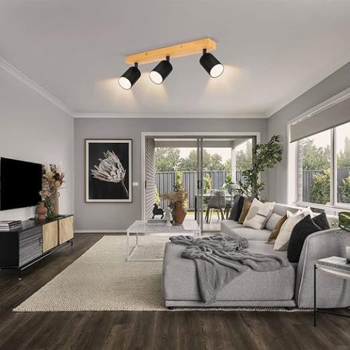 Otočné, nastaviteľné 3-smerové LED stropné bodové svietidlo Kambo (čierne a drevené)