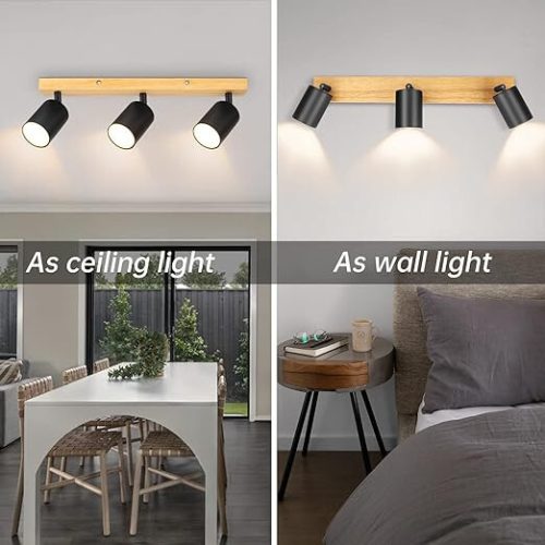 Otočné, nastaviteľné 3-smerové LED stropné bodové svietidlo Kambo (čierne a drevené)