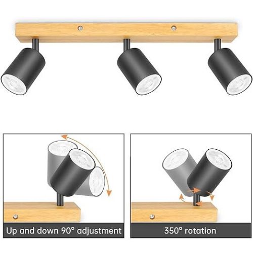 Otočné, nastaviteľné 3-smerové LED stropné bodové svietidlo Kambo (čierne a drevené)