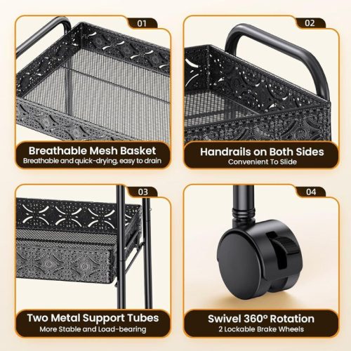 PKBD 3-poschodový kovový vozík na kolieskach – čierny