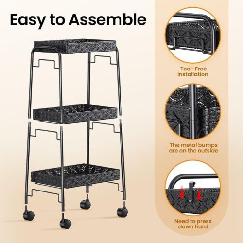 PKBD 3-poschodový kovový vozík na kolieskach – čierny