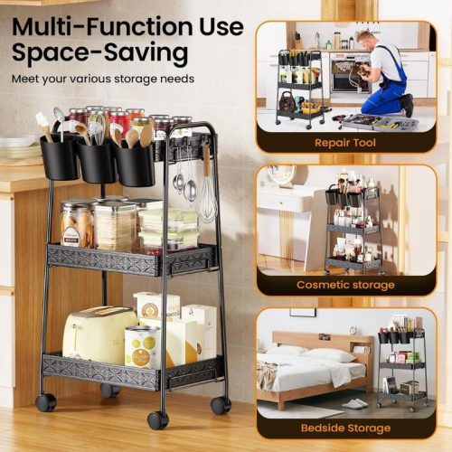 PKBD 3-poschodový kovový vozík na kolieskach – čierny