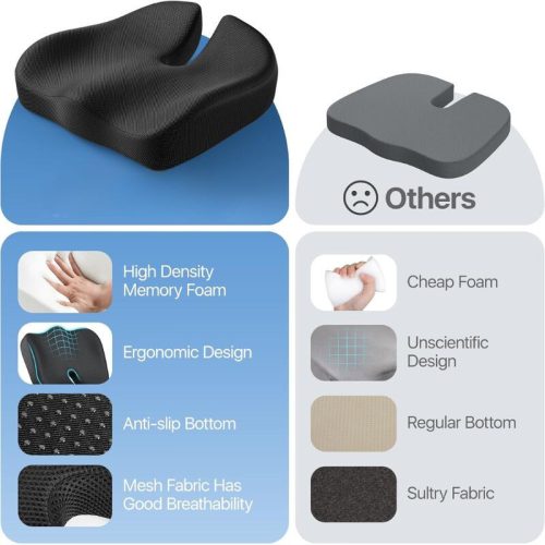 Ergonomický sedací vankúš z pamäťovej peny Blux – s odnímateľným, prateľným poťahom, 40 × 36 × 11 cm – čierny