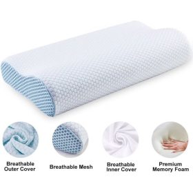   Ortopedický vankúš na krk Blux z pamäťovej peny – hypoalergénny, sprateľným poťahom, 55 × 35 cm, bielo-modrý