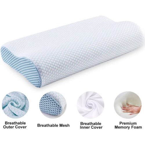 Ortopedický vankúš na krk Blux z pamäťovej peny – hypoalergénny, sprateľným poťahom, 55 × 35 cm, bielo-modrý