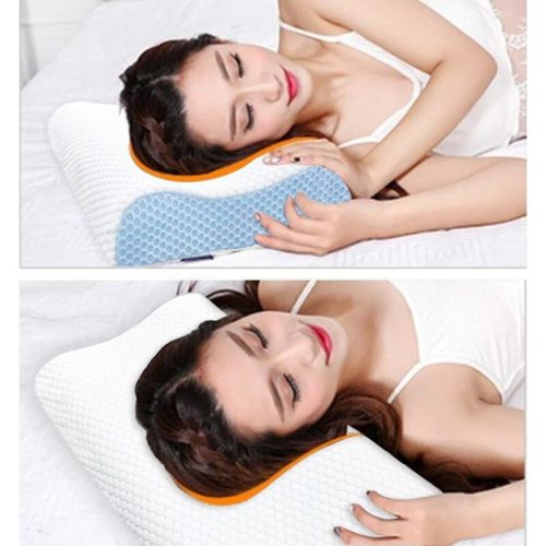 Ortopedický vankúš na krk Blux z pamäťovej peny – hypoalergénny, sprateľným poťahom, 55 × 35 cm, bielo-modrý