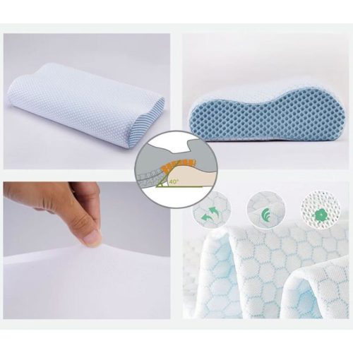 Ortopedický vankúš na krk Blux z pamäťovej peny – hypoalergénny, sprateľným poťahom, 55 × 35 cm, bielo-modrý