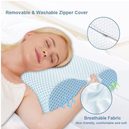 Ortopedický vankúš na krk Blux z pamäťovej peny – hypoalergénny, sprateľným poťahom, 55 × 35 cm, bielo-modrý