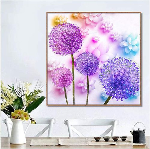 Sada na diamantovú maľbu s fialovým púpavovým vzorom 25x25 cm