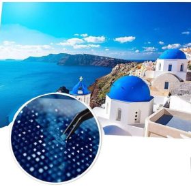   Sada na vymaľovanie diamantmi s modrým vzorom pri mori a gréckej kupoly 35x25cm