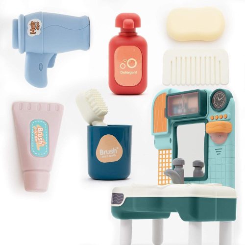 Kúpeľňové zrkadlo s umývadlom, batériou a príslušenstvom na potrubie (prehrávač osvetlenia a zvuku)