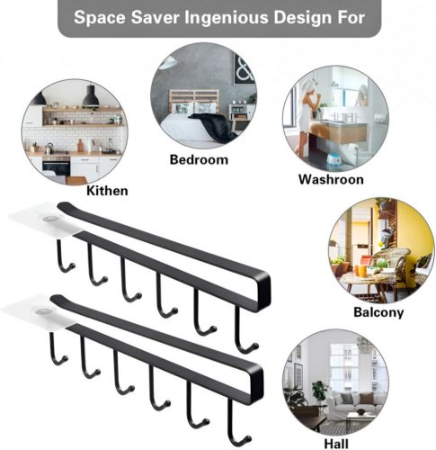 Závesný kuchynský háčik LikeSun bez vŕtania, držiak na hrnčeky 2 ks (čierny)