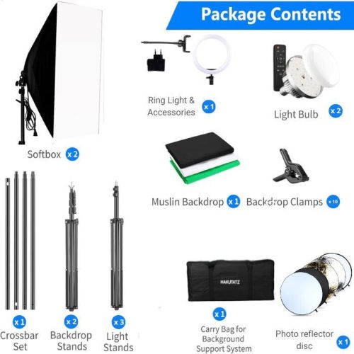 Profesionálna fotoštúdiová sada Hakutatz s kruhovým svetlom, softboxom a pozadím