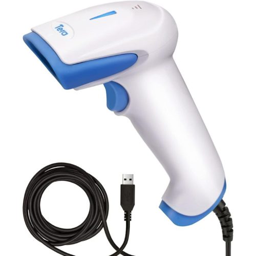 Prenosný laserový 1D USB skener čiarových kódov Tera 3106 – Plug and Play, antibakteriálny, biely/modrý