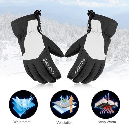 Lyžiarske rukavice BOODUN M – vodeodolné a vetruodolné, čierno-biele, steplou podšívkou